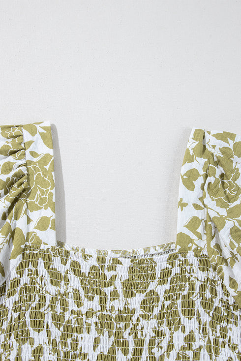 Prairie Charm Floral Smocked Puff Sleeve Tiered Rick Rack Midi Dress